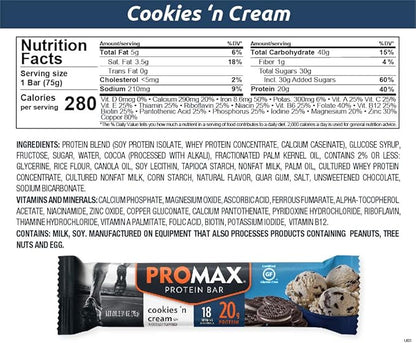 Promax Protein Bar, Cookies 'n Cream, 20g High Protein, Gluten Free, 12 Count